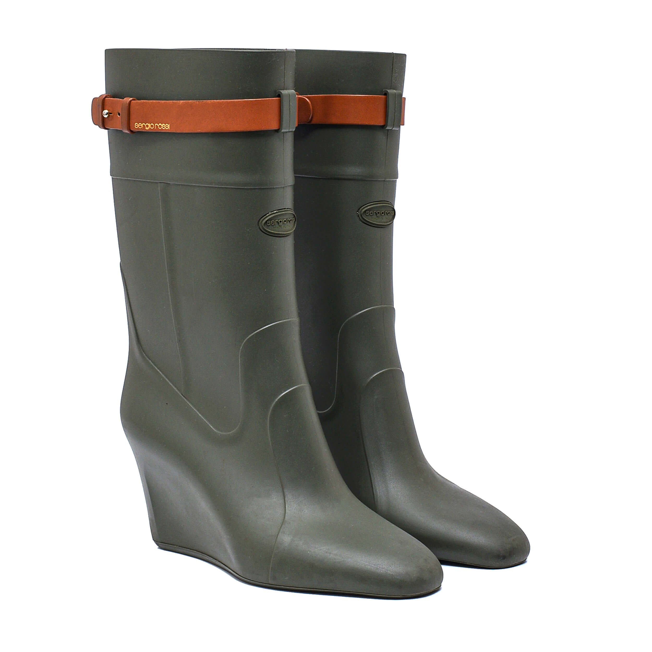 Sergio Rossi- Green Wedge Heal Rain Boots 38